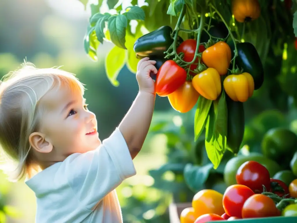 Un niño feliz recolectando frutas y verduras orgánicas en un jardín, capturando la esencia de los beneficios de la comida orgánica en la infancia