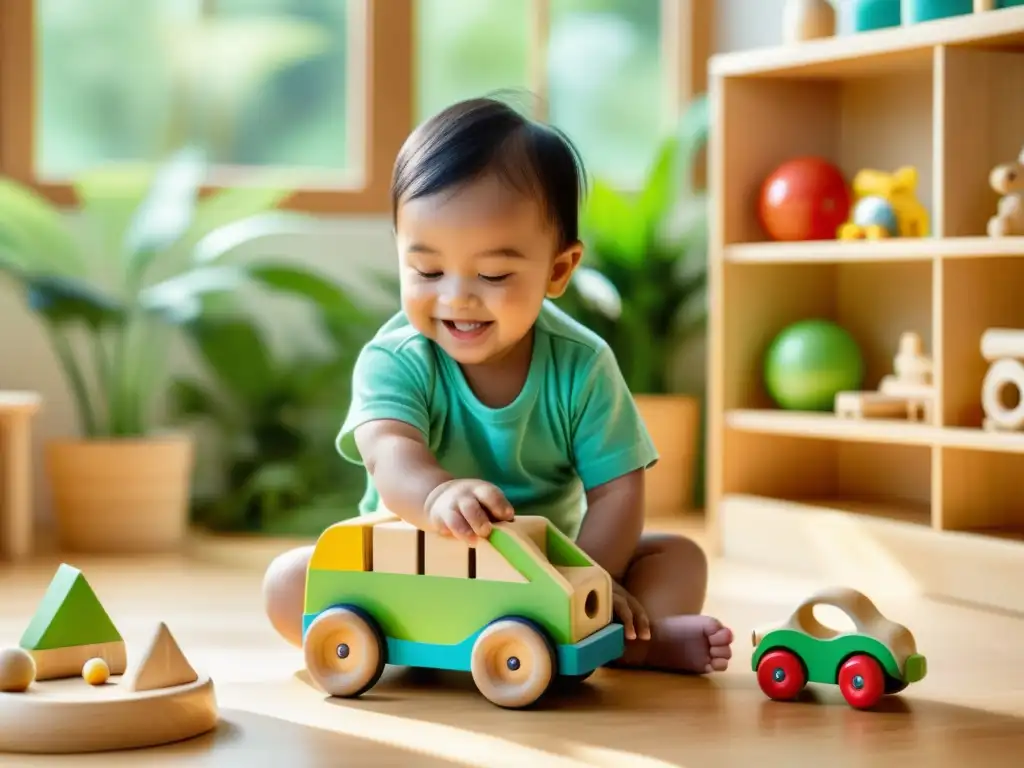 Niño jugando con juguetes ecológicos en un entorno seguro y saludable, rodeado de naturaleza