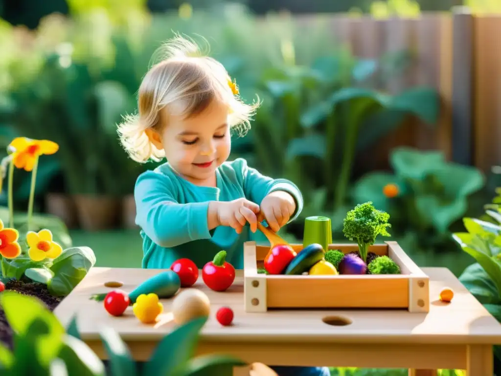 Niño jugando en jardín ecológico con juguetes seguros de madera y cocina de colores