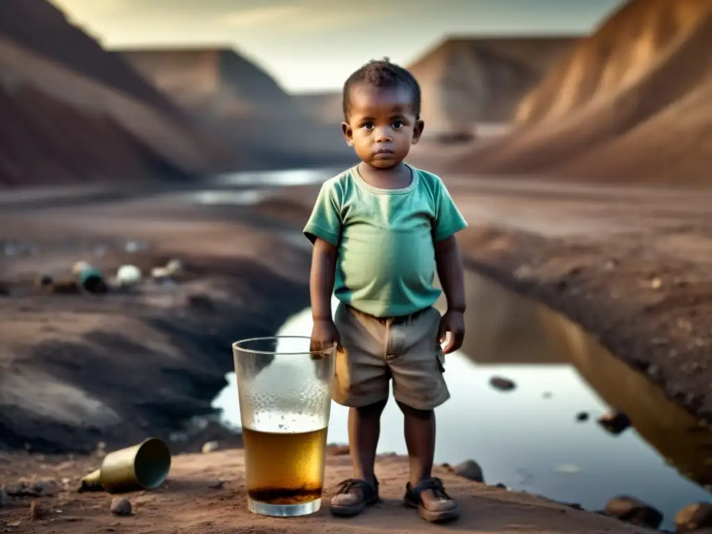 Niño preocupado sostiene agua turbia cerca del río contaminado por impacto conflictos mineros comunidades locales