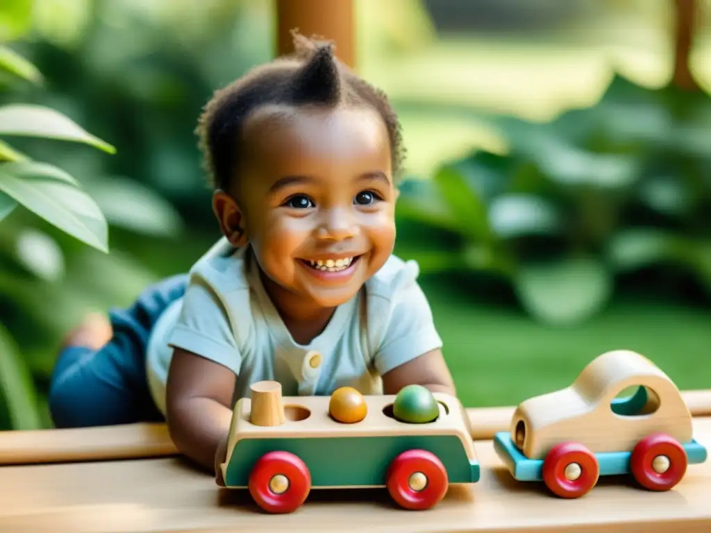 Un niño sonriente juega con juguetes de madera ecológicos en un entorno natural y soleado, transmitiendo seguridad productos salud ecológicos niños