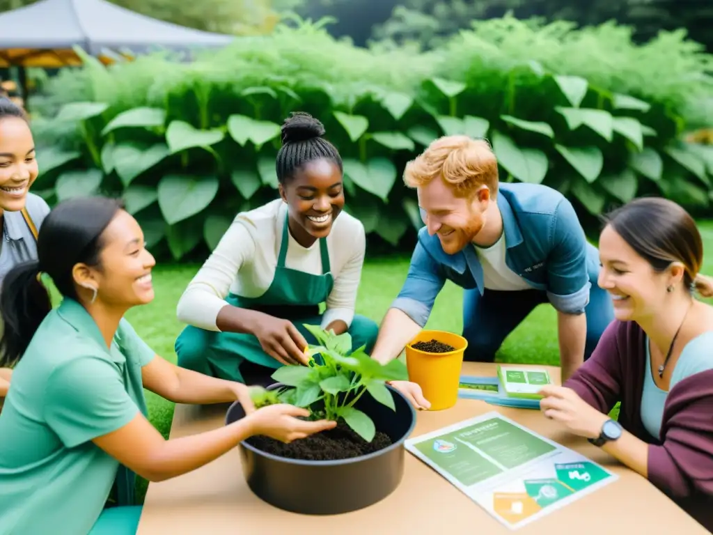 Niños participan alegres en actividades lúdicas para enseñar sustentabilidad rodeados de naturaleza y material educativo colorido