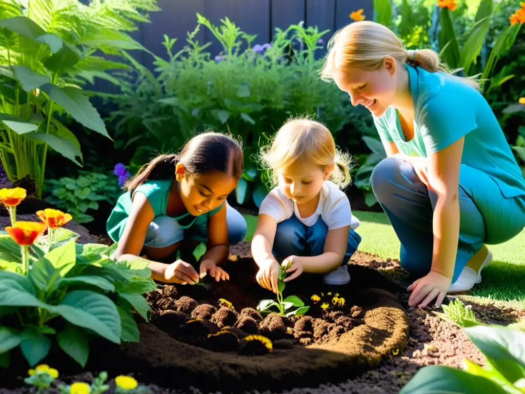 Niños fomentando amor por la naturaleza en un jardín colorido, plantando semillas con entusiasmo entre flores y árboles nativos