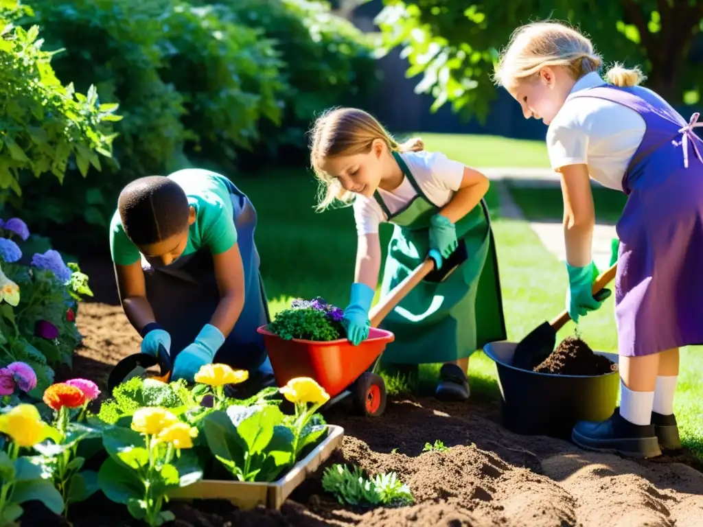 Niños cuidando el jardín, fomentando amor por la naturaleza con entusiasmo y coloridos delantales y guantes