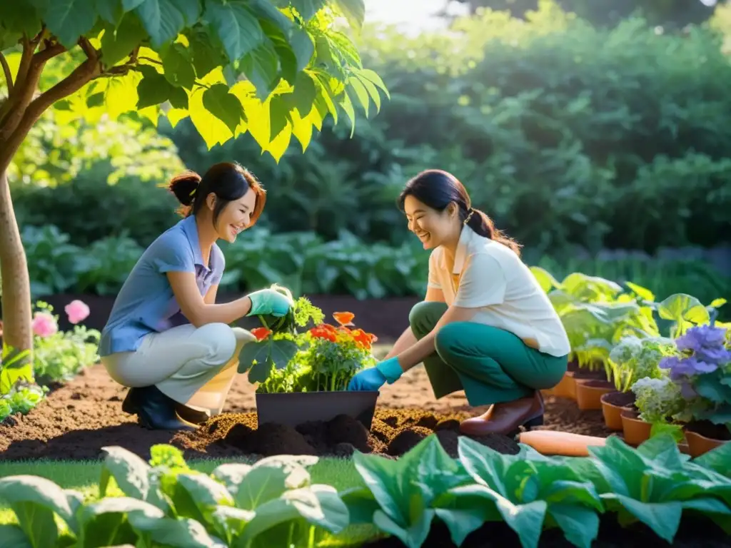 Niños fomentando amor por la naturaleza al plantar flores y verduras en un jardín vibrante, guiados por un adulto supervisando