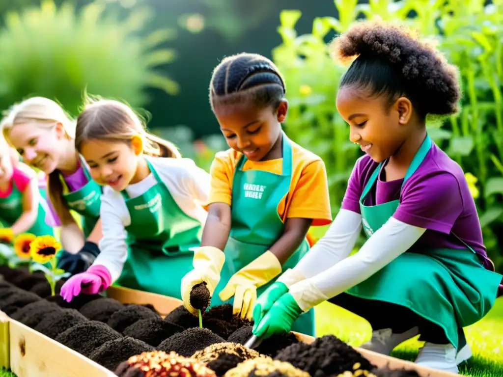 Niños fomentando amor por la naturaleza al sembrar en el jardín con maestra guía