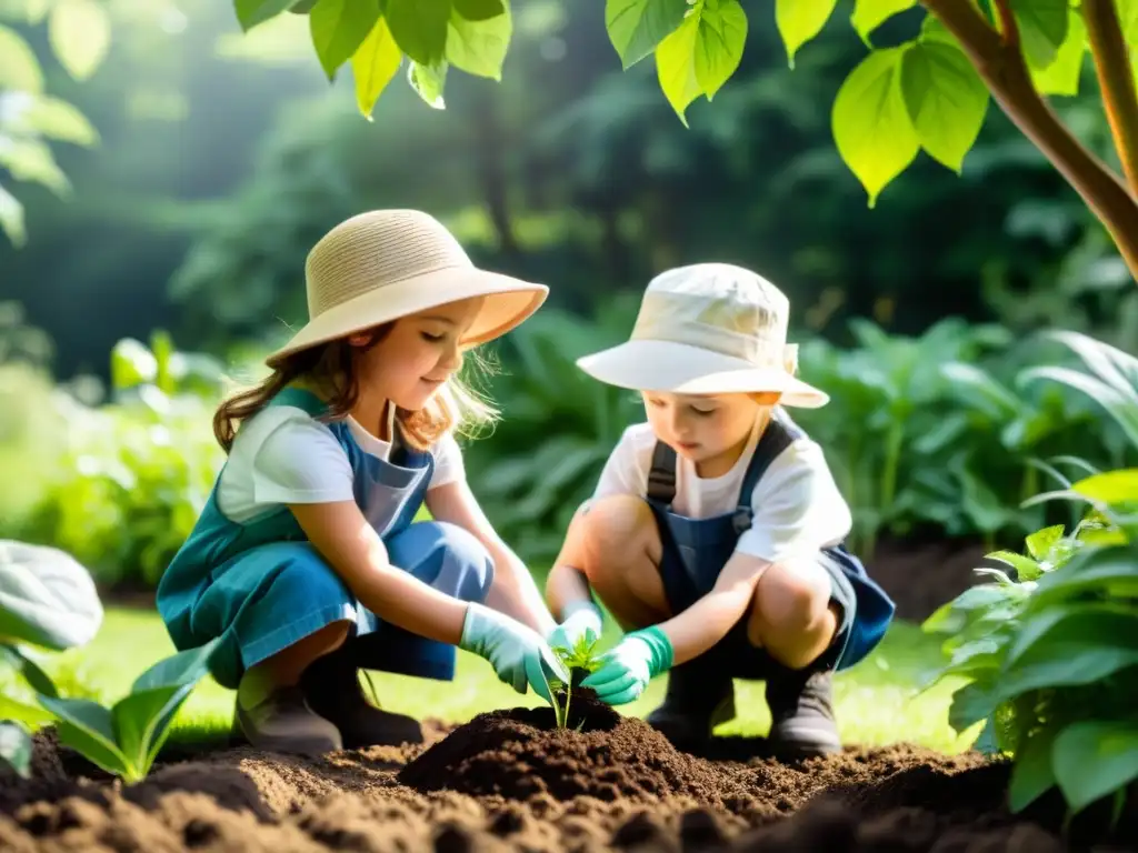 Niños fomentando amor por la naturaleza al plantar en el jardín