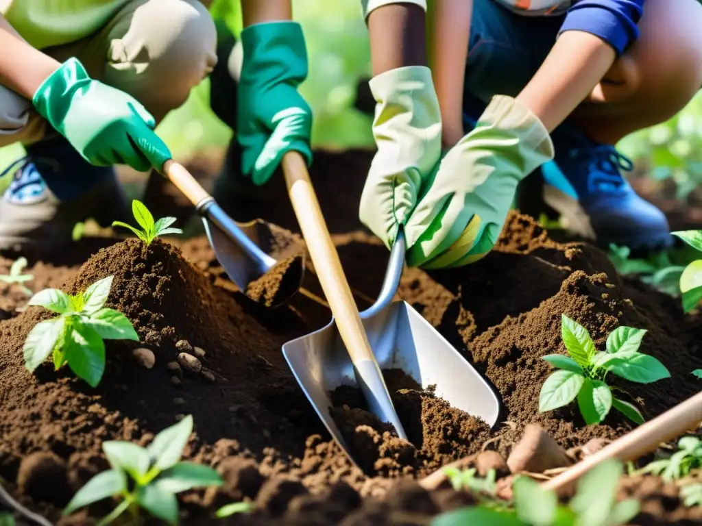 Niños plantando árboles en un bosque, con guantes y palas, en un ambiente de concienciación ambiental para niños