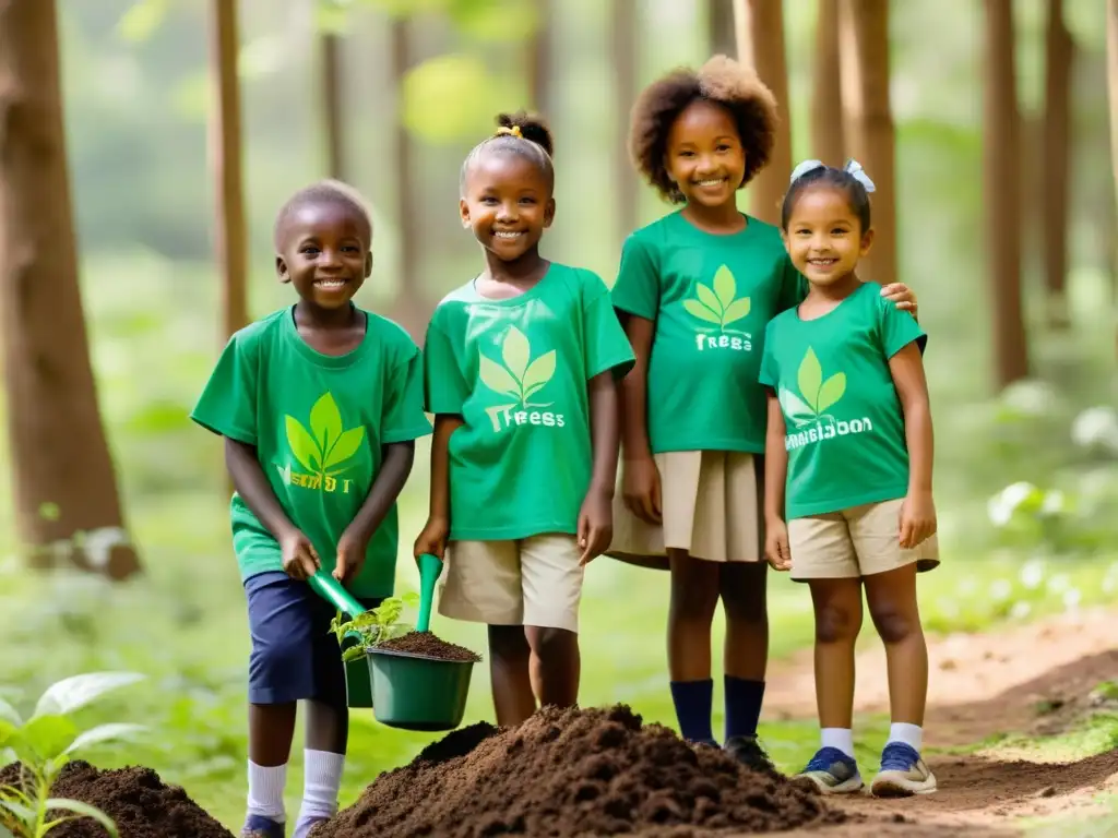 Niños plantando árboles en el bosque, en proyectos educación ambiental niños