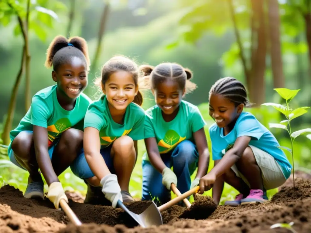 Niños plantando árboles en un bosque verde, disfrutando de la naturaleza