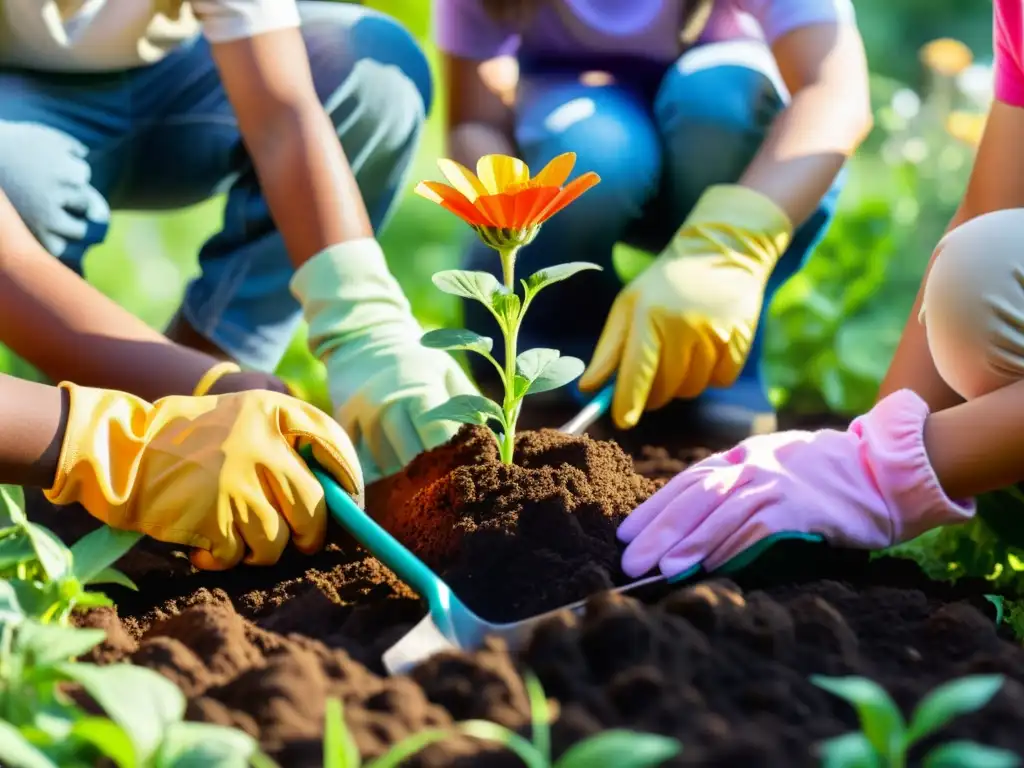 Niños de diferentes edades y etnias plantan flores con amor en un jardín, guiados por adultos