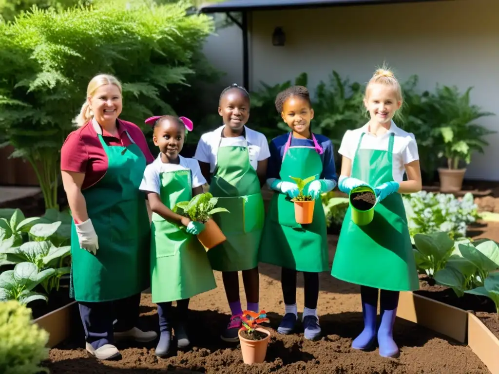 Niños participan entusiastas en proyectos educación ambiental, regando plantas en el jardín escolar