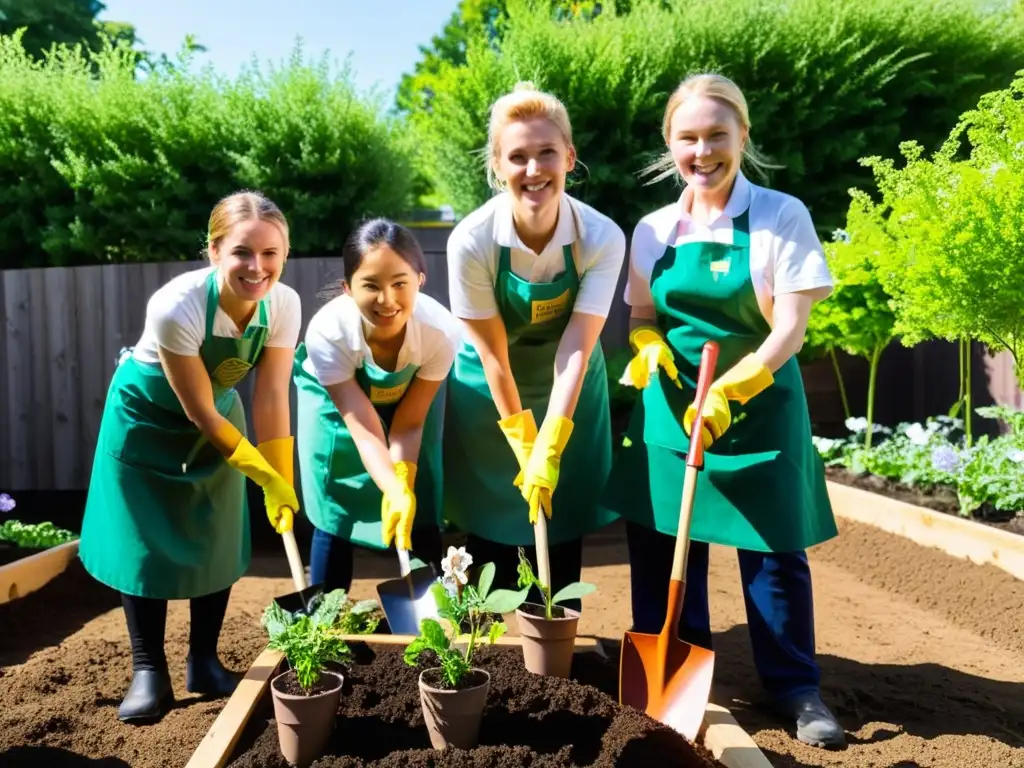 Niños plantando en jardín escolar, creando un espacio verde y sostenible