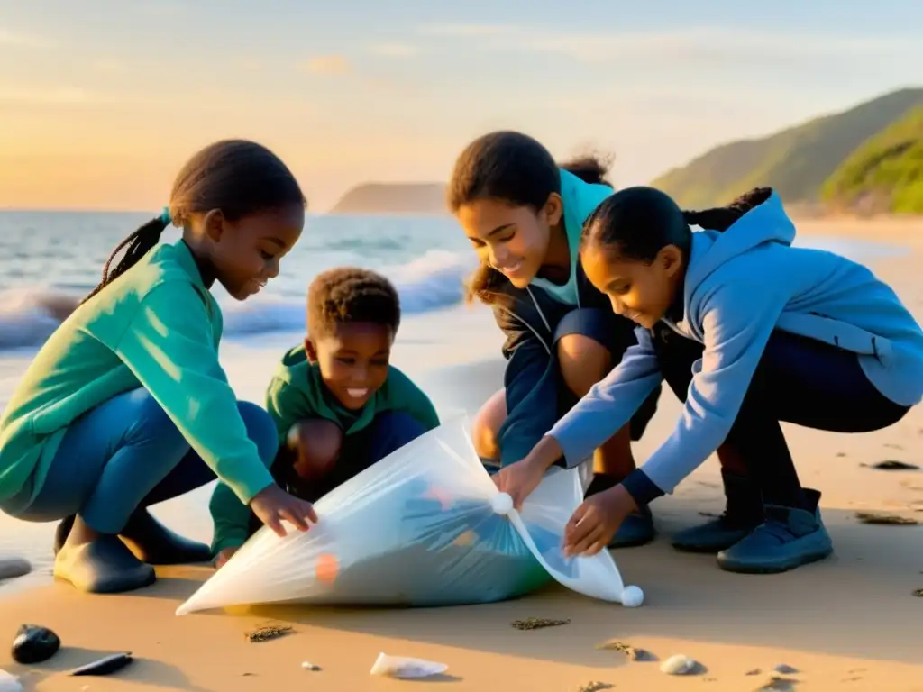 Niños escolares recogiendo basura en la playa al atardecer, demostrando determinación y propósito en la reducción de plásticos en ecosistemas