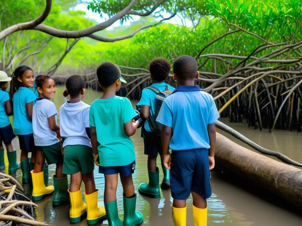 Niños explorando el exuberante manglar en un tour educativo, maravillados por la importancia de los ecosistemas