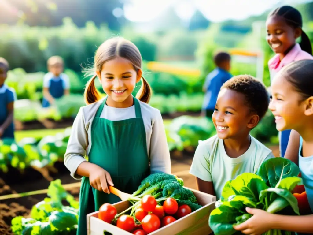 Niños felices recolectando alimentos orgánicos en el huerto escolar, guiados por su maestra