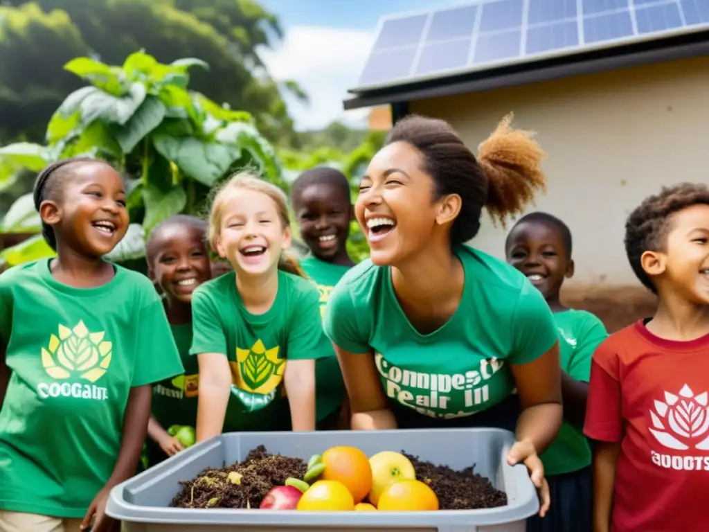 Niños felices participando en la concienciación ambiental alrededor de un compostaje en la escuela