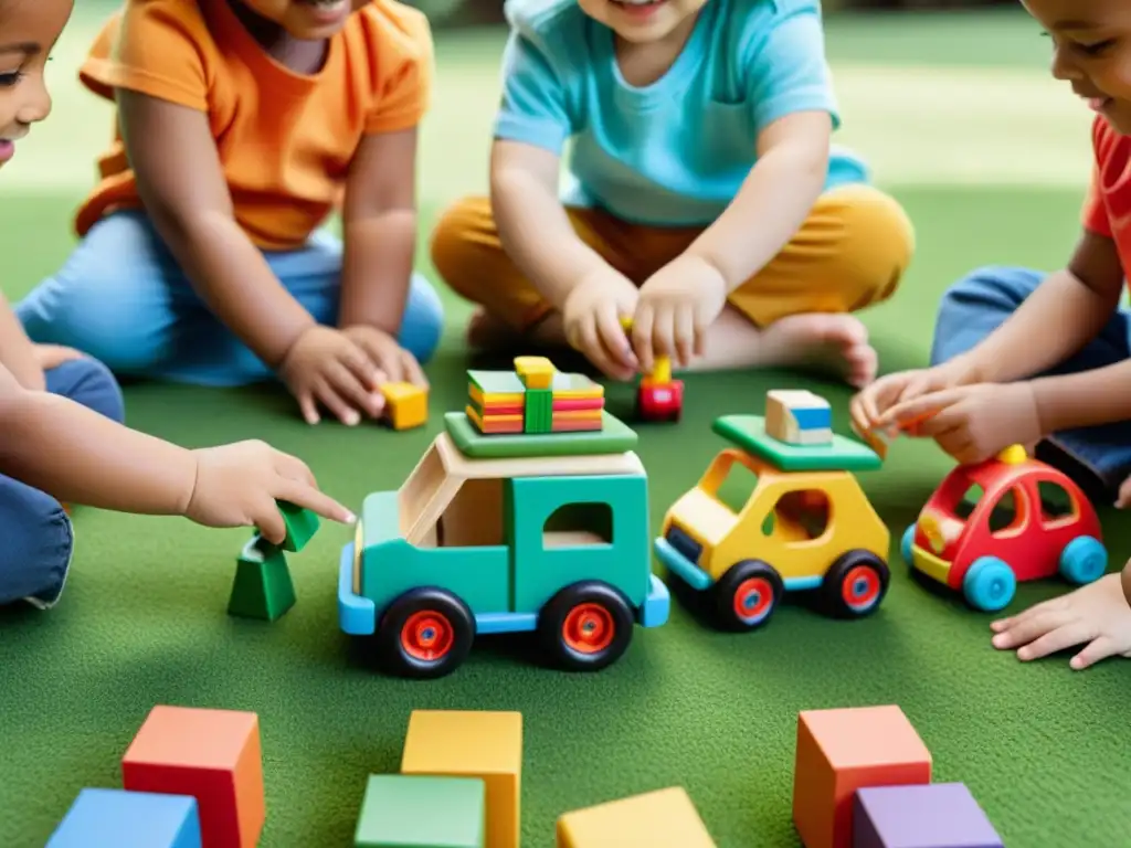 Niños felices juegan con creativos juguetes de materiales sostenibles, mostrando el impacto positivo en la industria del juguete