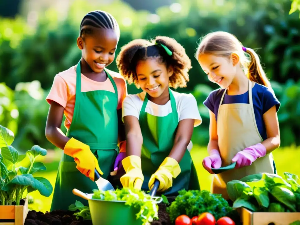 Niños felices cuidando un huerto orgánico, mostrando los beneficios de la comida orgánica en la infancia