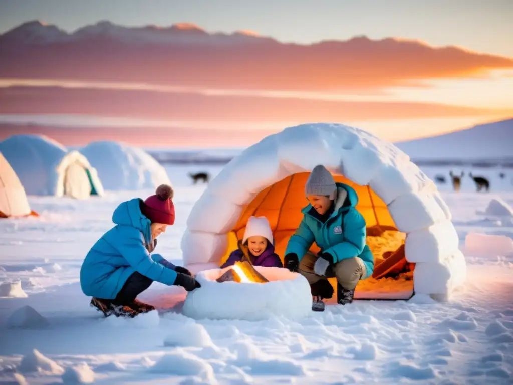 Niños felices construyendo un iglú en un paisaje nevado al atardecer, rodeados de zorros árticos