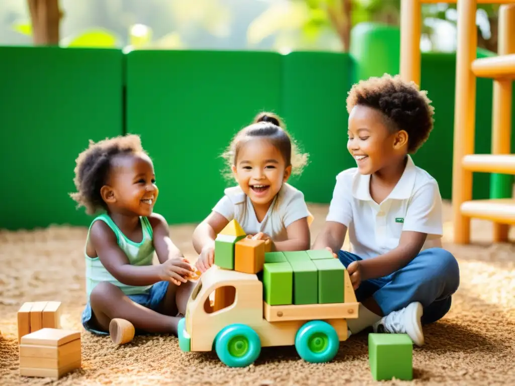 Niños felices juegan con juguetes ecológicos en un parque verde, disfrutando de la seguridad y diversión