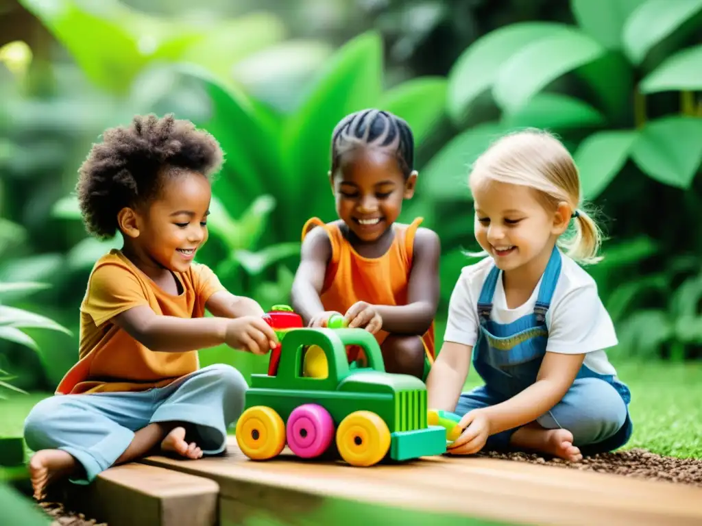 Niños felices juegan con juguetes ecológicos en entorno natural, transmitiendo seguridad y diversión