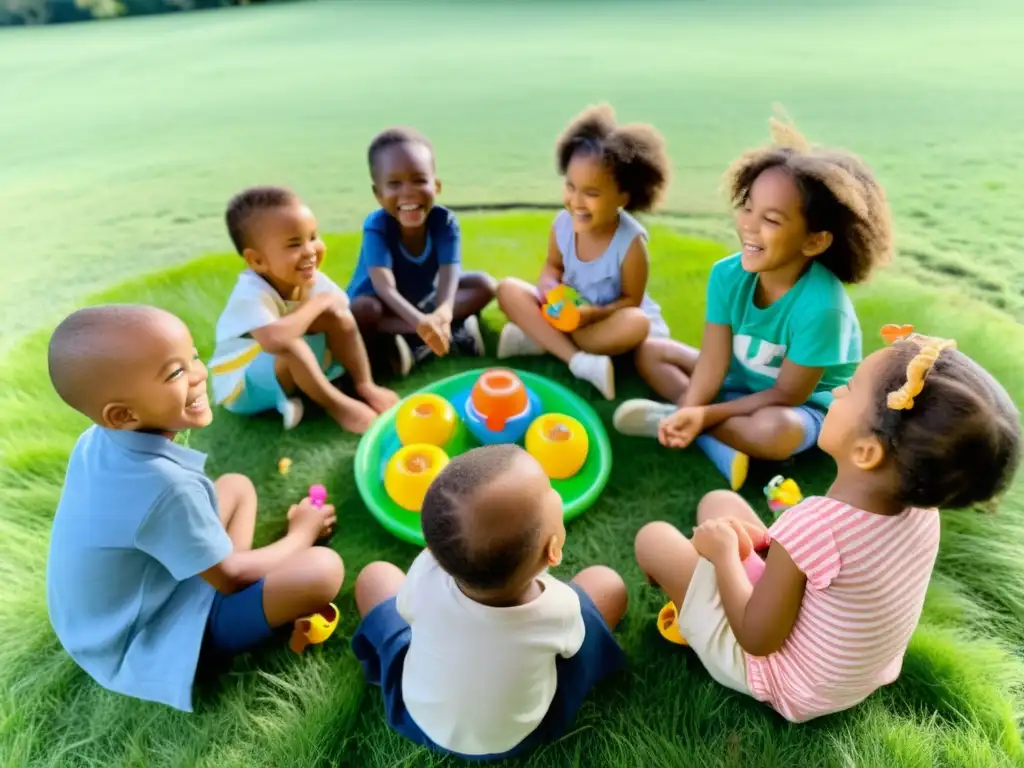 Niños felices juegan con juguetes ecológicos en campo