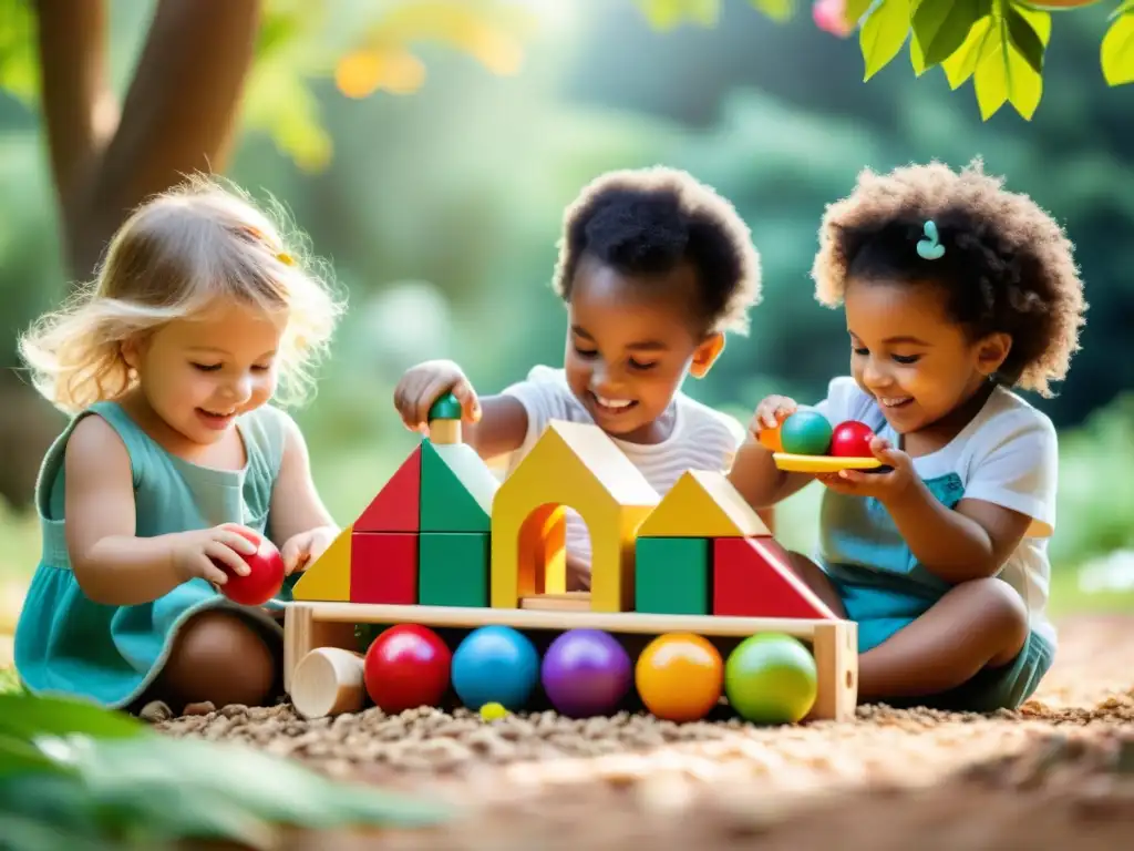 Niños felices jugando con juguetes ecológicos en la naturaleza, rodeados de árboles y flores