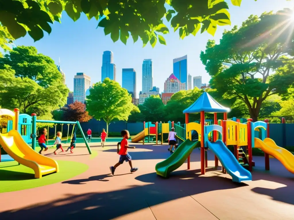 Niños felices juegan en un vibrante parque urbano, rodeados de árboles y juegos coloridos