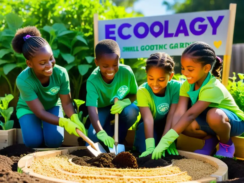 Niños cuidando un jardín con entusiasmo mientras la luz del sol ilumina el ambiente