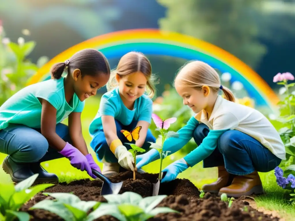 Niños creando un jardín mágico, plantando semillas y descubriendo la naturaleza