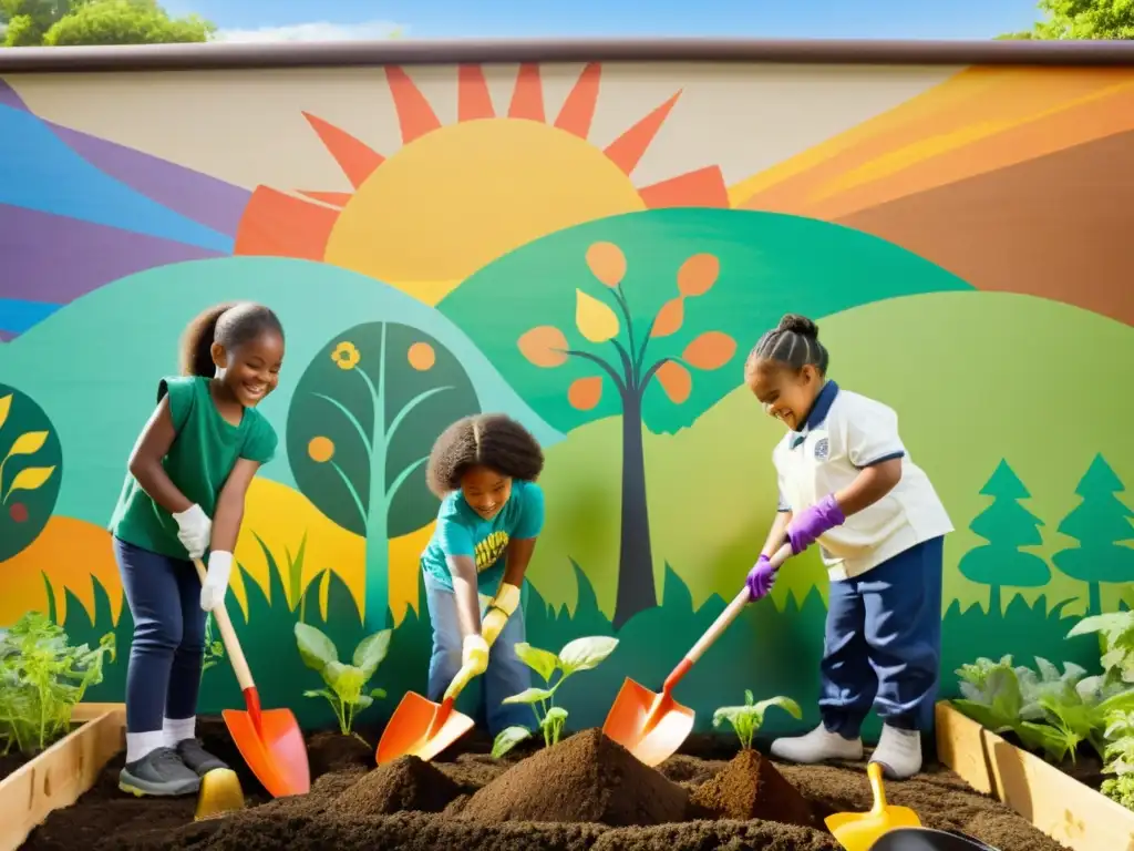 Niños trabajando juntos en un huerto escolar, plantando árboles y cuidando la tierra