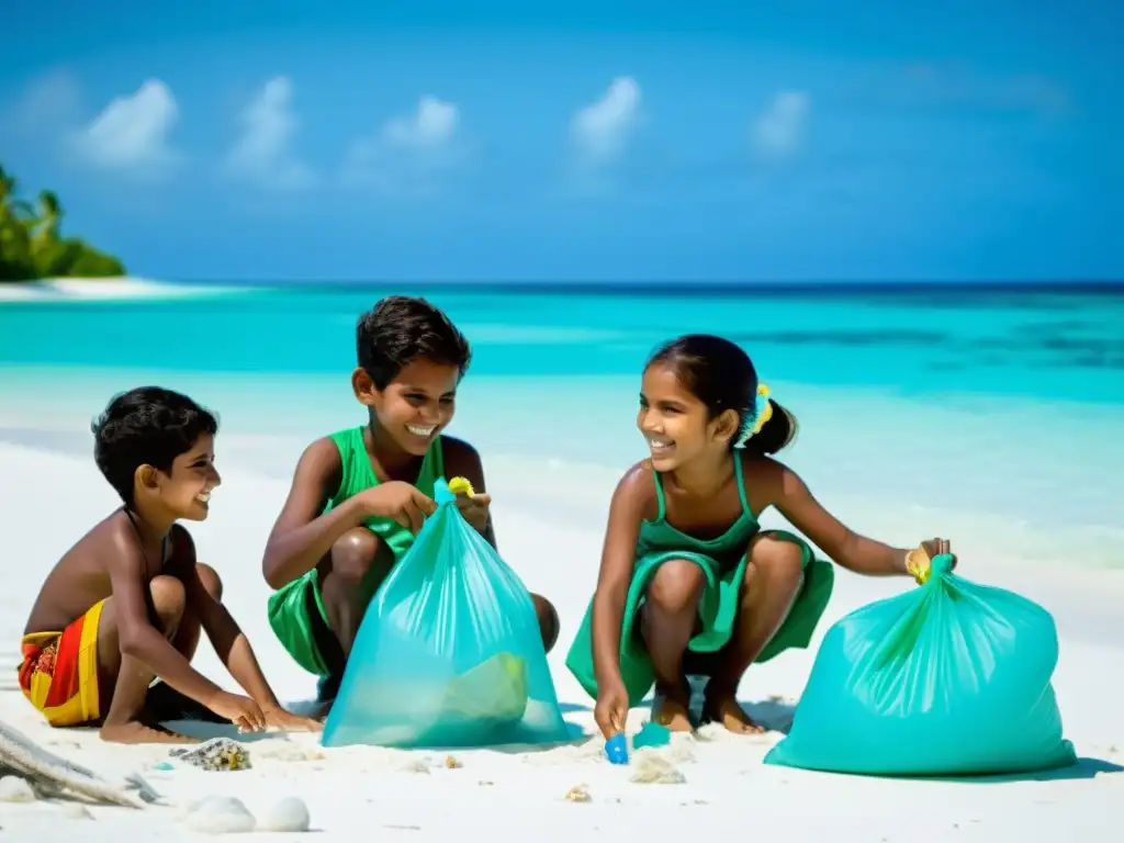 Niños maldivos participan alegres en limpieza de playa, fomentando la conservación de ecosistemas en Maldivas con sus coloridos atuendos tradicionales