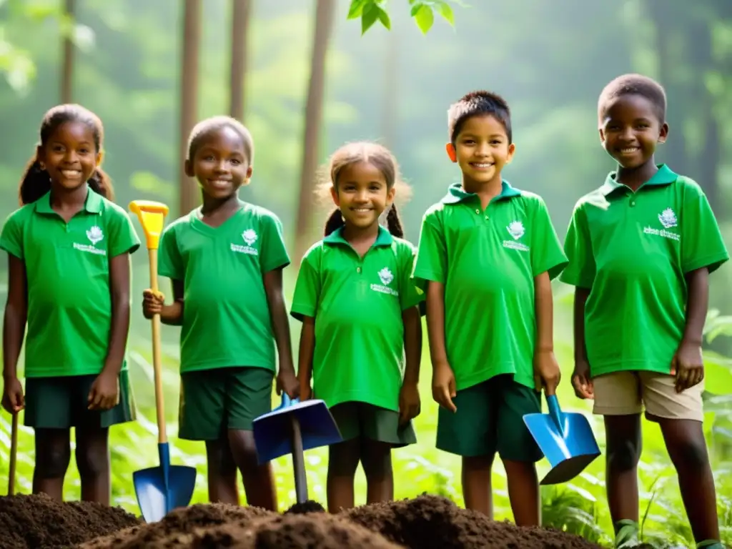 Niños en proyecto escolar biodiversidad plantan árboles, creando esperanza en el bosque verde