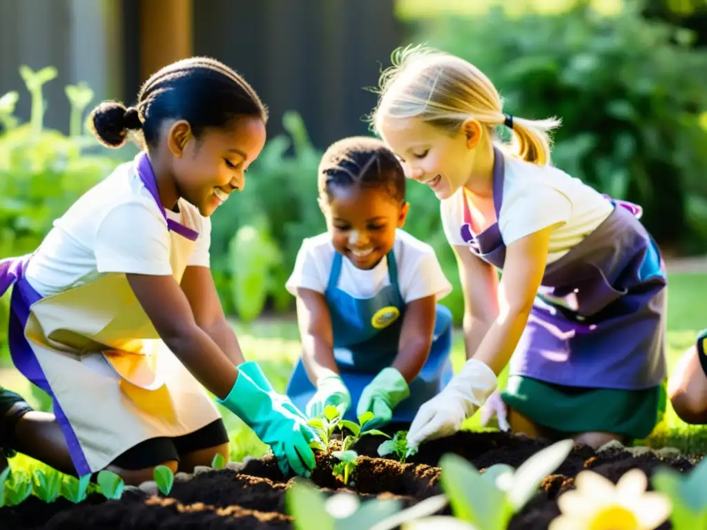 Niños plantando semillas en un jardín colorido, fomentando amor por la naturaleza