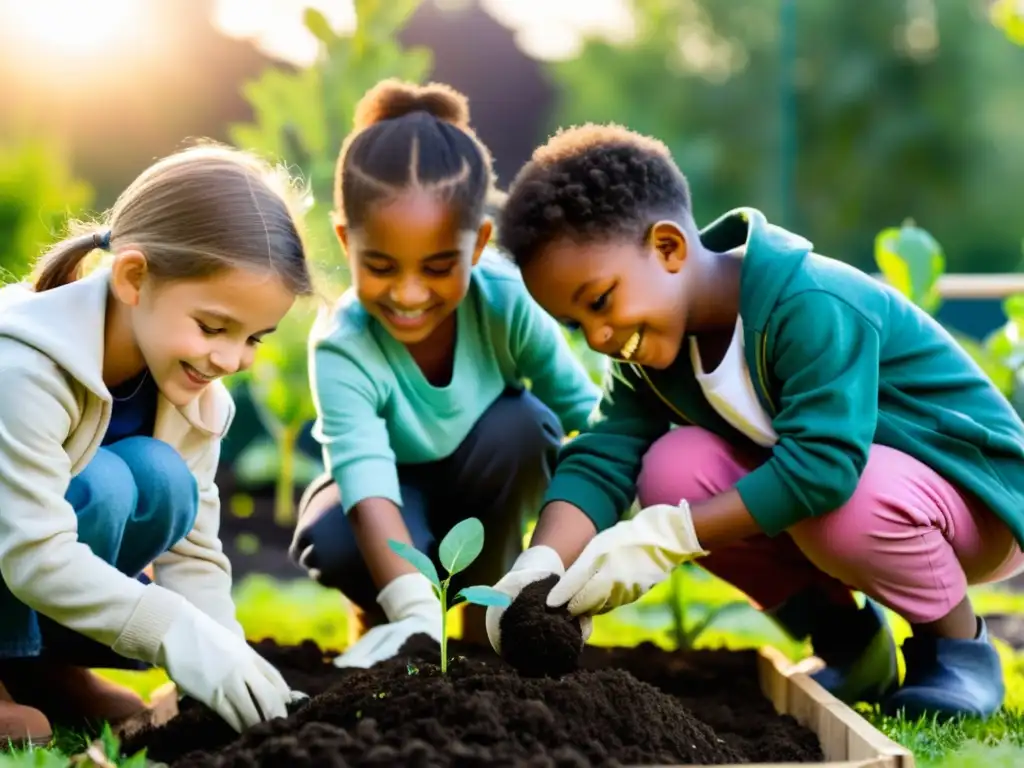 Niños sonrientes plantan árboles al atardecer en un jardín comunitario, fomentando actividades lúdicas para enseñar sustentabilidad a los niños