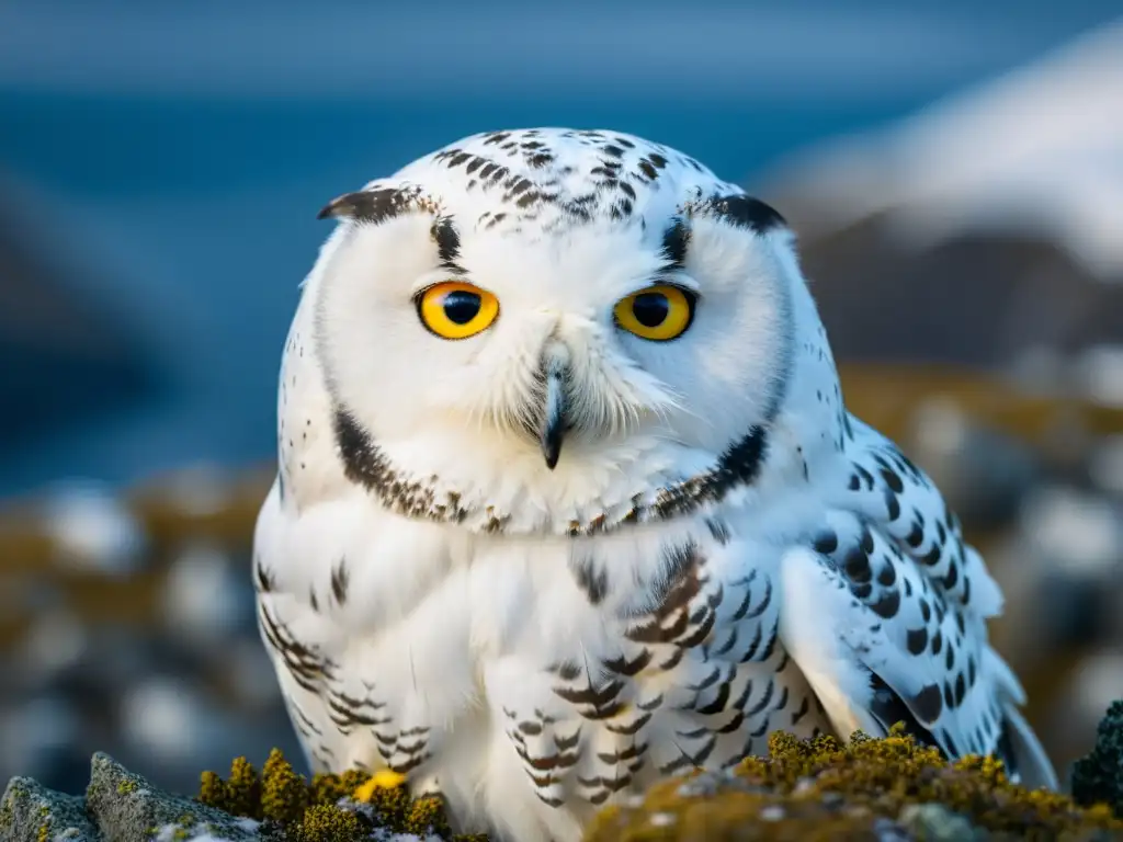 Búho nival cazador en la tundra ártica nevada, con ojos amarillos intensos y plumaje detallado en contraste con el paisaje invernal