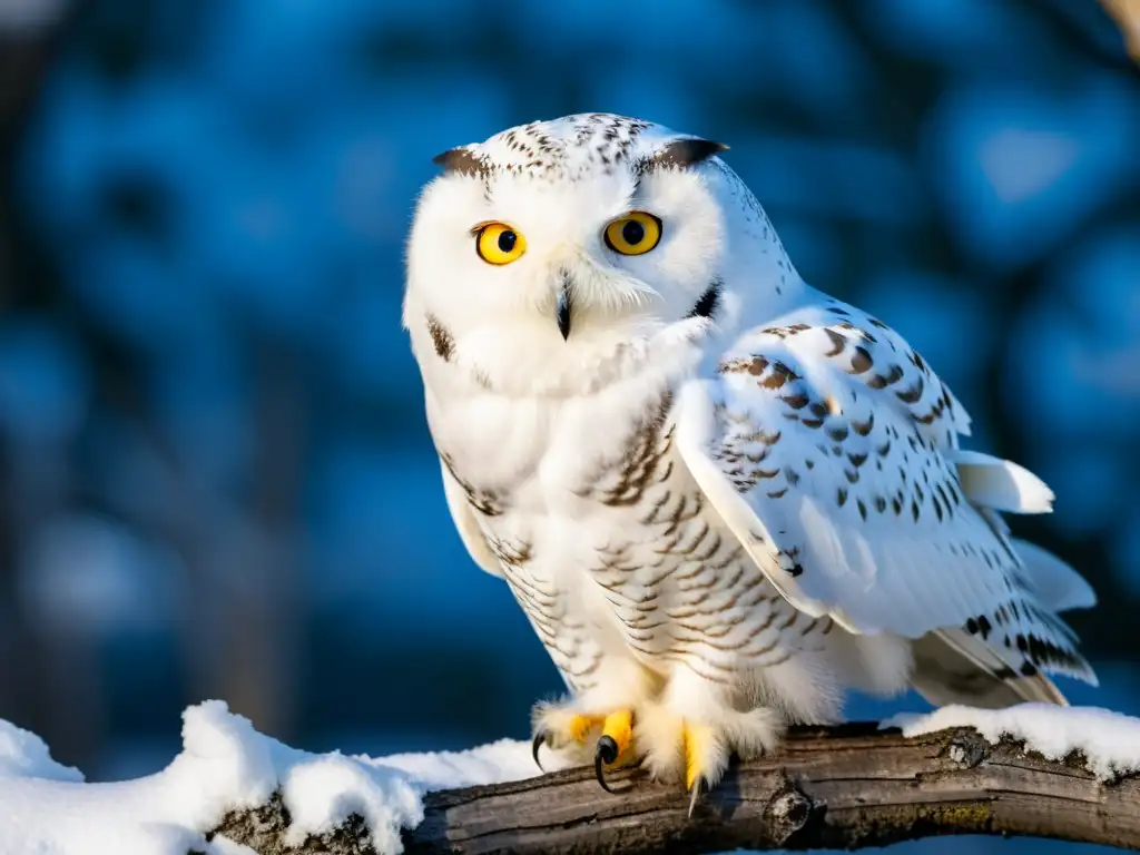 Un búho nival en rama helada del Ártico, con plumaje blanco y ojos amarillos