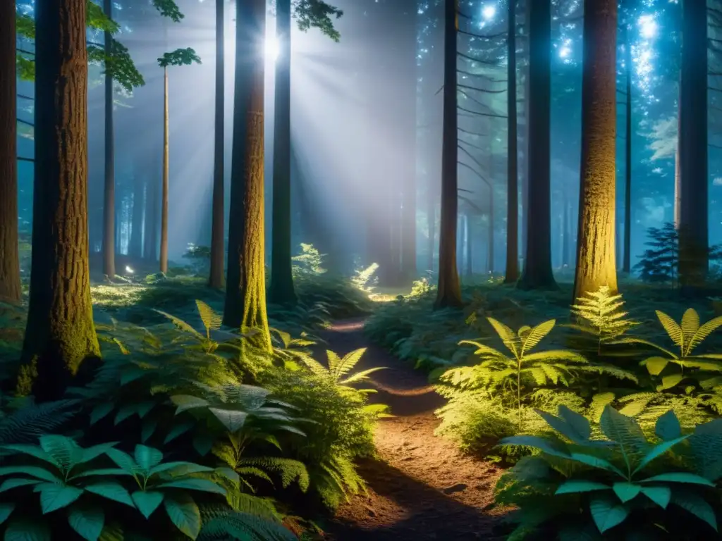 Fotografía nocturna en bosques: imagen 8k de un bosque iluminado por la luna, con sombras y detalles encantadores