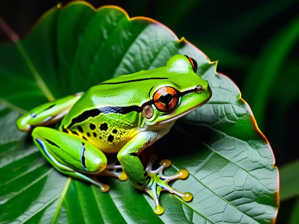 Una fotografía nocturna en bosques muestra una rana de árbol verde vibrante sobre una hoja en la densa selva tropical