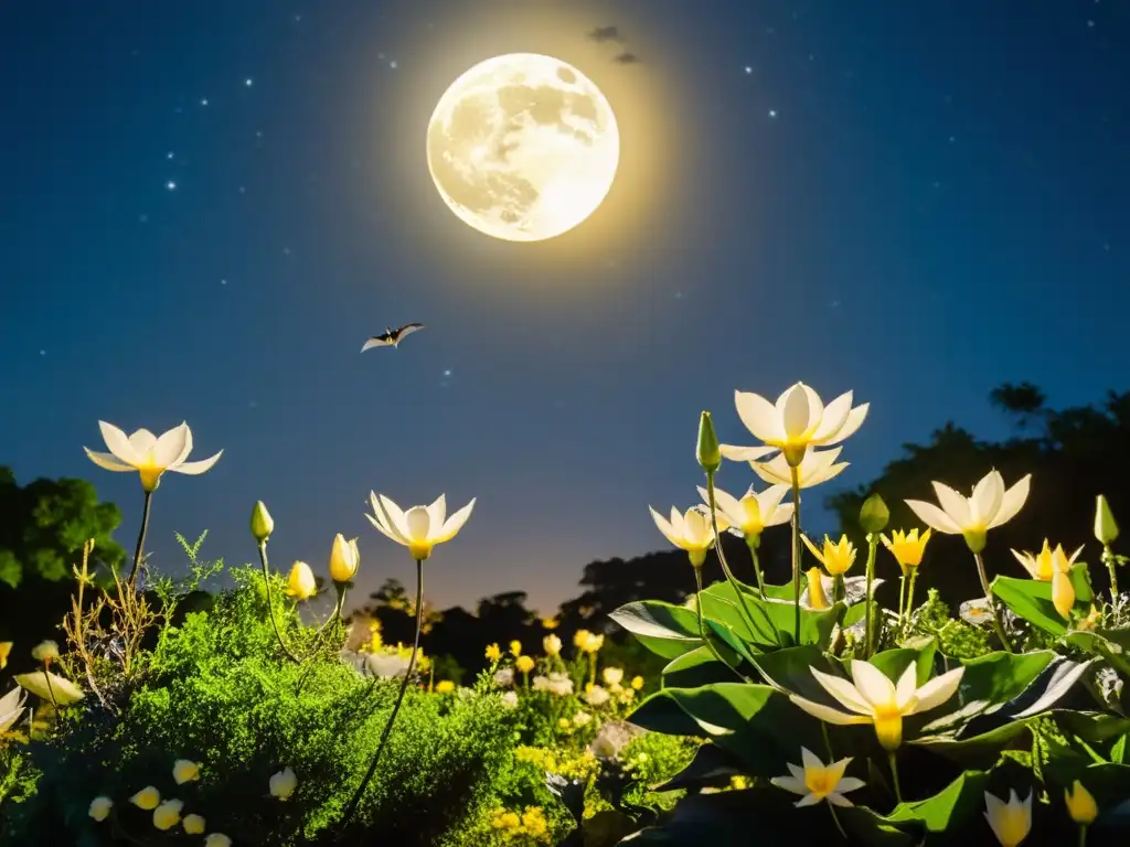 Jardín Nocturno: Flores y Polinizadores en la Luz de la Luna Jardín nocturno iluminado por la luna, destacando la importancia de polinizadores nocturnos en los ecosistemas