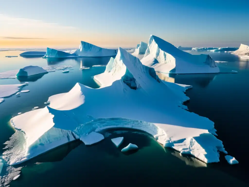 Nuevas rutas marítimas en el Ártico: Icebergs brillantes flotan en aguas cristalinas, con el sol dorado iluminando el paisaje congelado