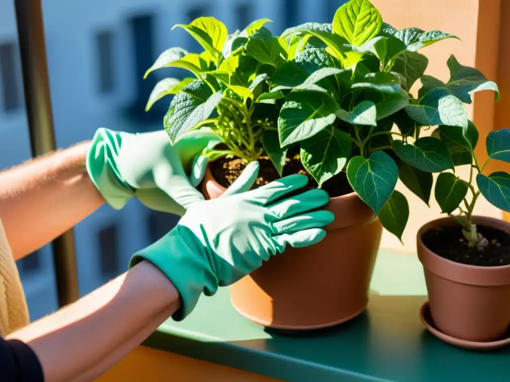 Un oasis de jardinería en balcones pequeños: manos cuidadosas podando una exuberante planta verde en un balcón soleado, con la ciudad de fondo