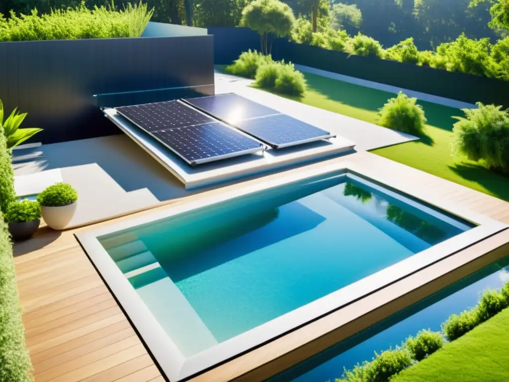 Un oasis de tranquilidad y sostenibilidad con paneles solares flotantes para piscinas, reflejando la belleza natural