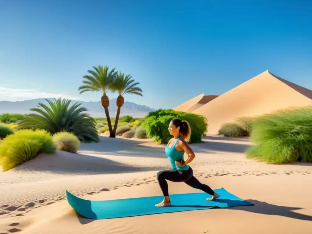 Un oasis tranquilo en el desierto, retiros de yoga en oasis bajo palmeras, practicantes relajados