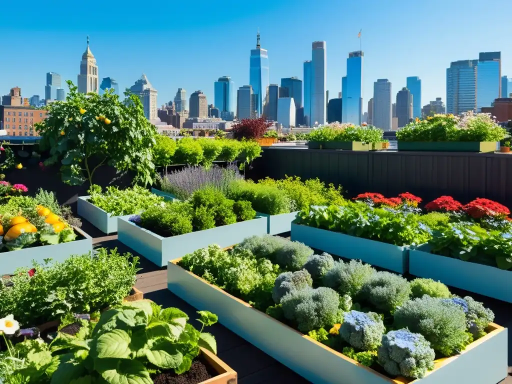 Un oasis urbano autosuficiente con huertos, frutas y verduras, donde la naturaleza y la ciudad se funden en armonía