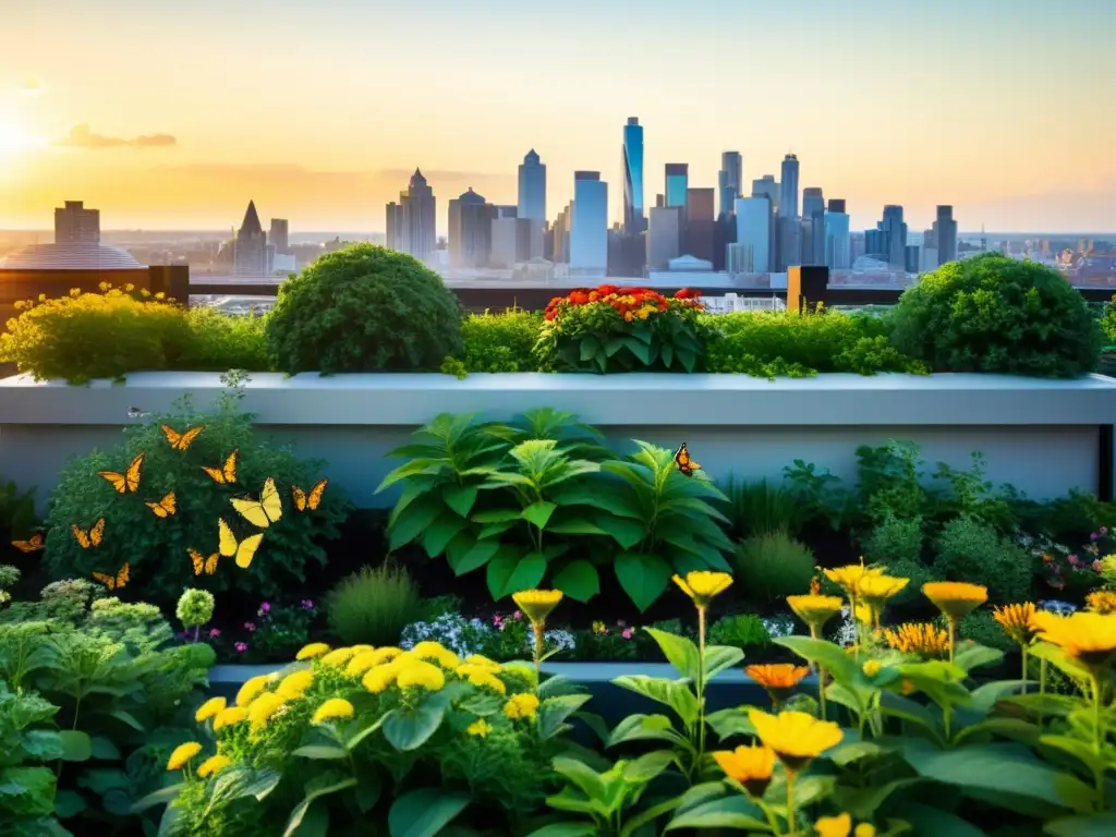 Un oasis urbano en la azotea con una exuberante selección de especies cubierta vegetal, lleno de vida y color