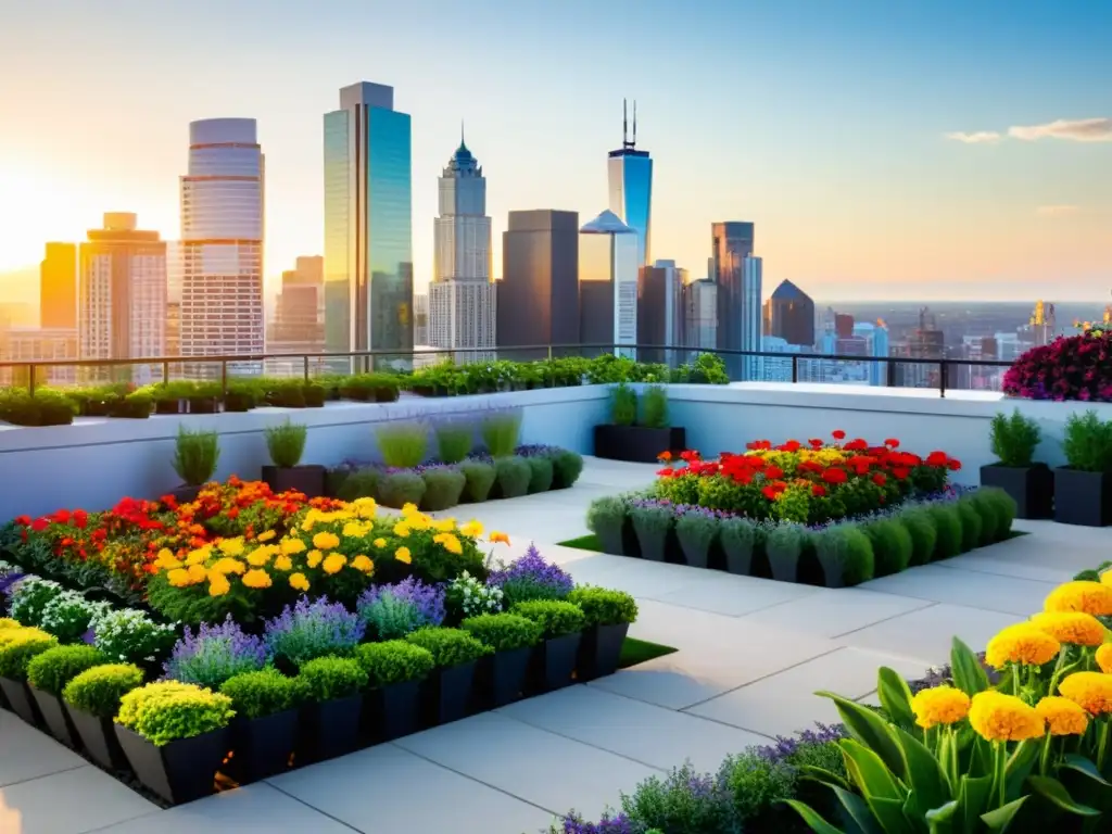 Un oasis verde en la azotea de un edificio moderno, integrando jardines en edificios con una variedad de plantas y flores vibrantes