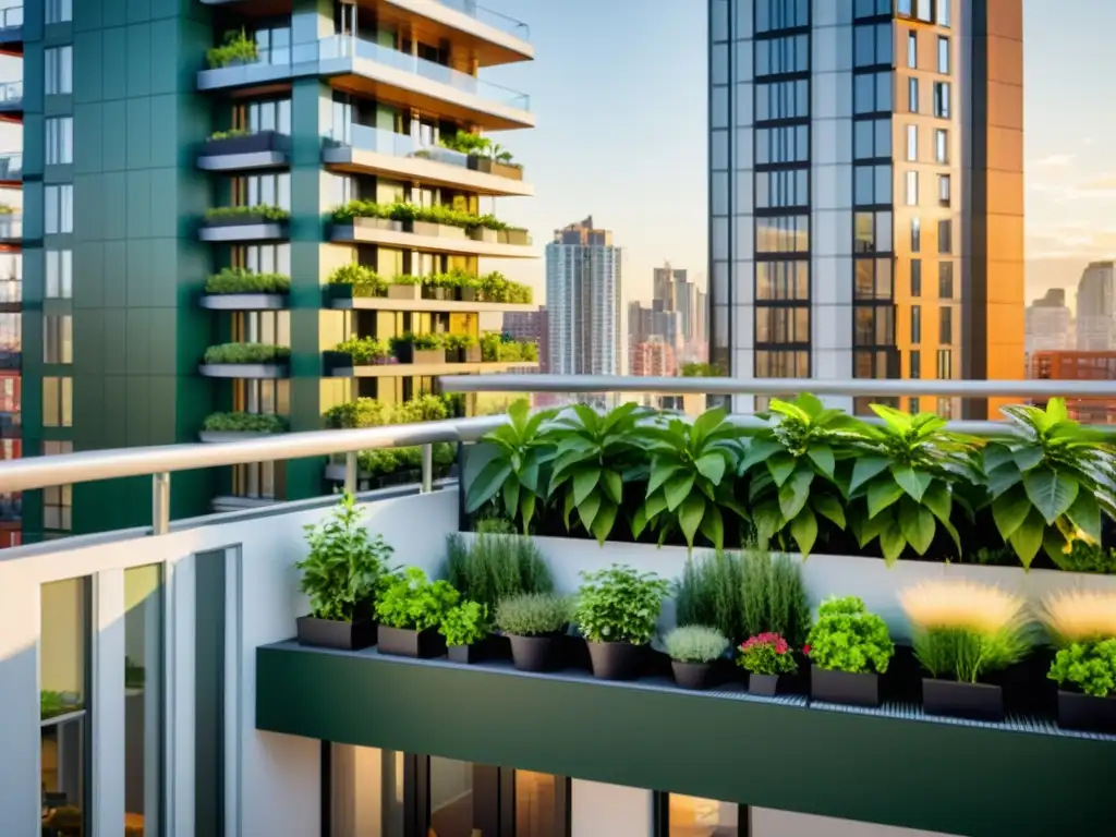 Un oasis verde en un balcón de apartamento, con plantas, molino de viento y paneles solares