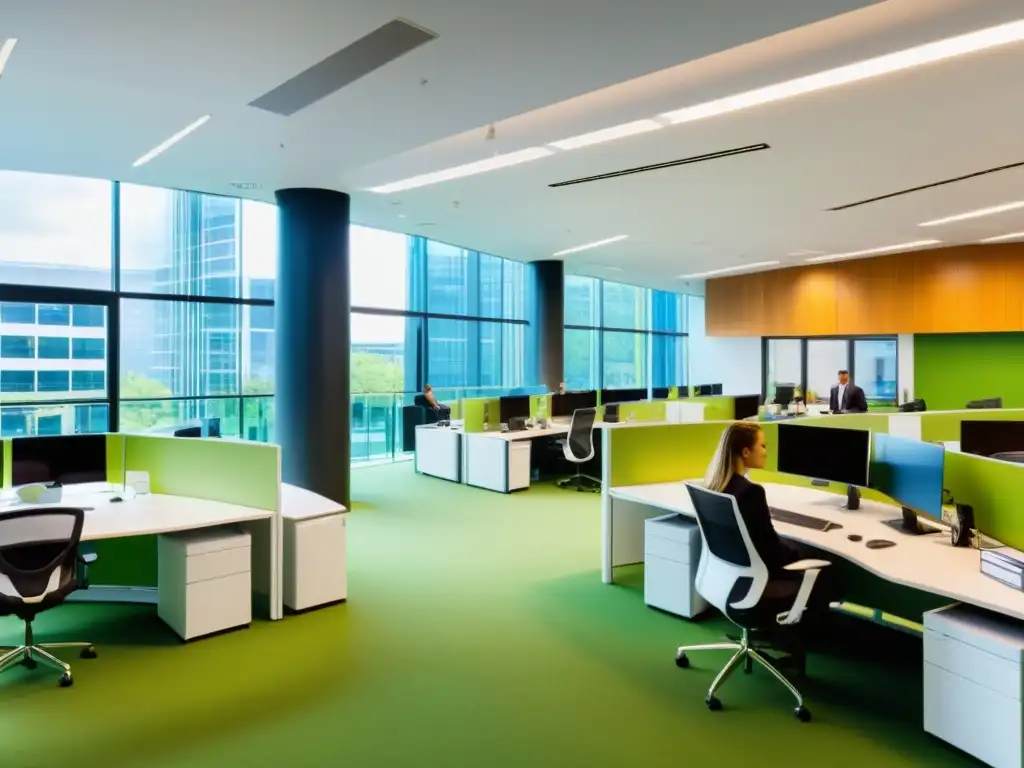 Oficina corporativa con certificación sostenibilidad, empleados comprometidos con prácticas verdes y colaboración en estrategias sostenibles